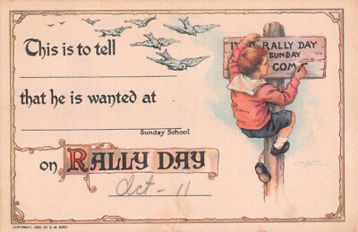 Birds Near Little Boy Painting Sign With Invitation to Rally Day-Old PC-CM Burd
