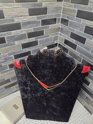 Avon Color Splash 16'' Necklace + 2 pair Pierced Earrings Goldtone Red Black 1986