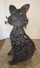 Rustic Metal Black Cat Garden Art Statue Green Eyes W/Patina 15.5" Please Read