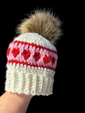 Handmade Crochet Infant Baby 3-6mo Beanie Hat Pom Hearts Valentine's Day