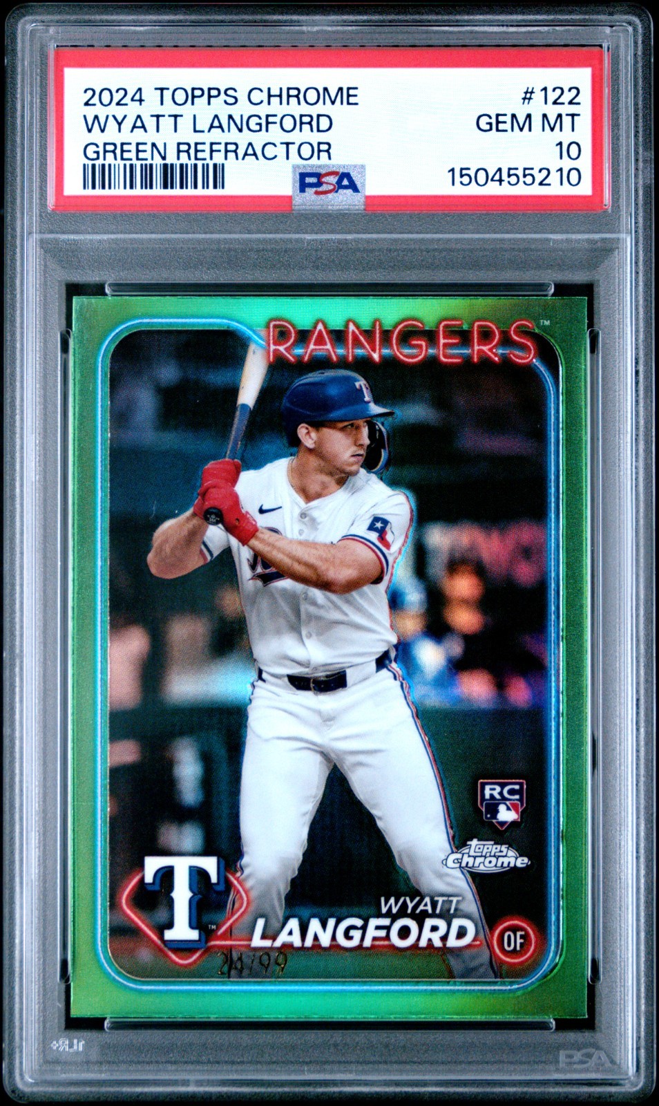 Wyatt Langford 2024 Topps Chrome #122 Green Refractor RC /99 PSA 10 Gem Mint TX