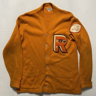 60 s Vintage Spaulding Letterman Varsity Cardigan Sweater Orange R Football 1962