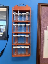 Vintage Wall Hanging Spice Rack with 16 Glass Jars with Lids Kitchen Decor 70s