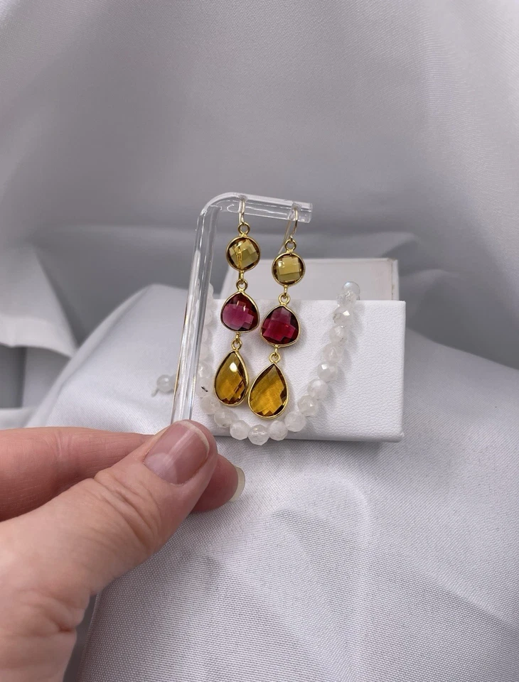 Pendientes Turmalina Rosa Rubelita Citrino Briolette Oro 14K Relleno SIMULADOS Foto 4 de 4