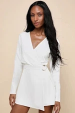Lulus Rooftop Bar Long Sleeve Faux-Wrap Belted Skort Romper White L