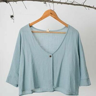 Damen Leinen Baumwolle Kurz Cardigan Mantel Tief geschnitten 3/4 Ärmel Bolero Achselzucken Schal Top