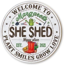 Personalized Garden She Shed Round Wooden Signs, Custom Name Vintage Wall Decor