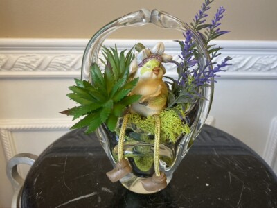 Decorative Planter with Green Succulents and a Resin Mother Chick Glass Basket