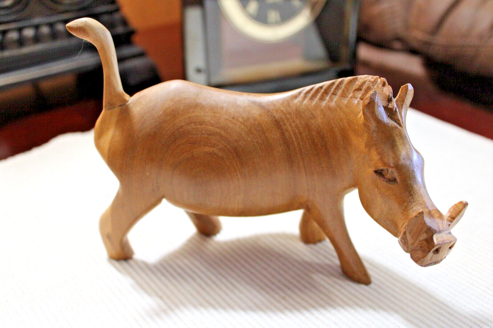 Vintage Hand Carved Teak Warthog Wild Boar Pig Wooden Figurine
