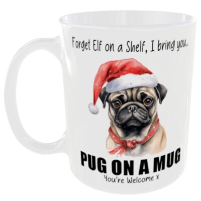 MOPS AUF EINER TASSE IDEALES WEIHNACHTSGESCHENK WEIHNACHTEN GEHEIM WEIHNACHTSMANN SPASS HUNDETASSE ELFENREGAL VERGESSEN