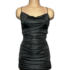 Y2K VTG Express Ruched Gunmetal Silky Sexy Bodycon Dress Going Out Clubwear XS