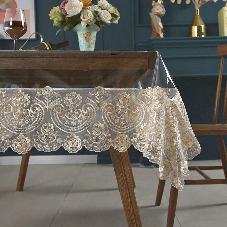 Waterproof Lace PVC Tablecloth Transparent Table Cloth Lace Tea Table Cover - Image 3 of 4
