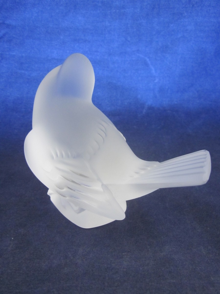 LALIQUE CRYSTAL Frosted Mocking Sparrow Bird Head Up SIGNED