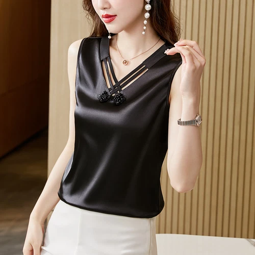 Summer Women Satin Faux Silk Vest Sleeveless V Neck Tank Top Frog Button Blouses - Picture 6 of 22
