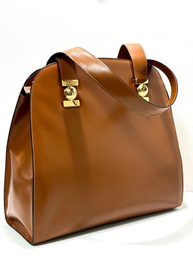 CELINE Tote Bag Leather Brown Gold Logo Vintage Simple Classic Casual Unit Good