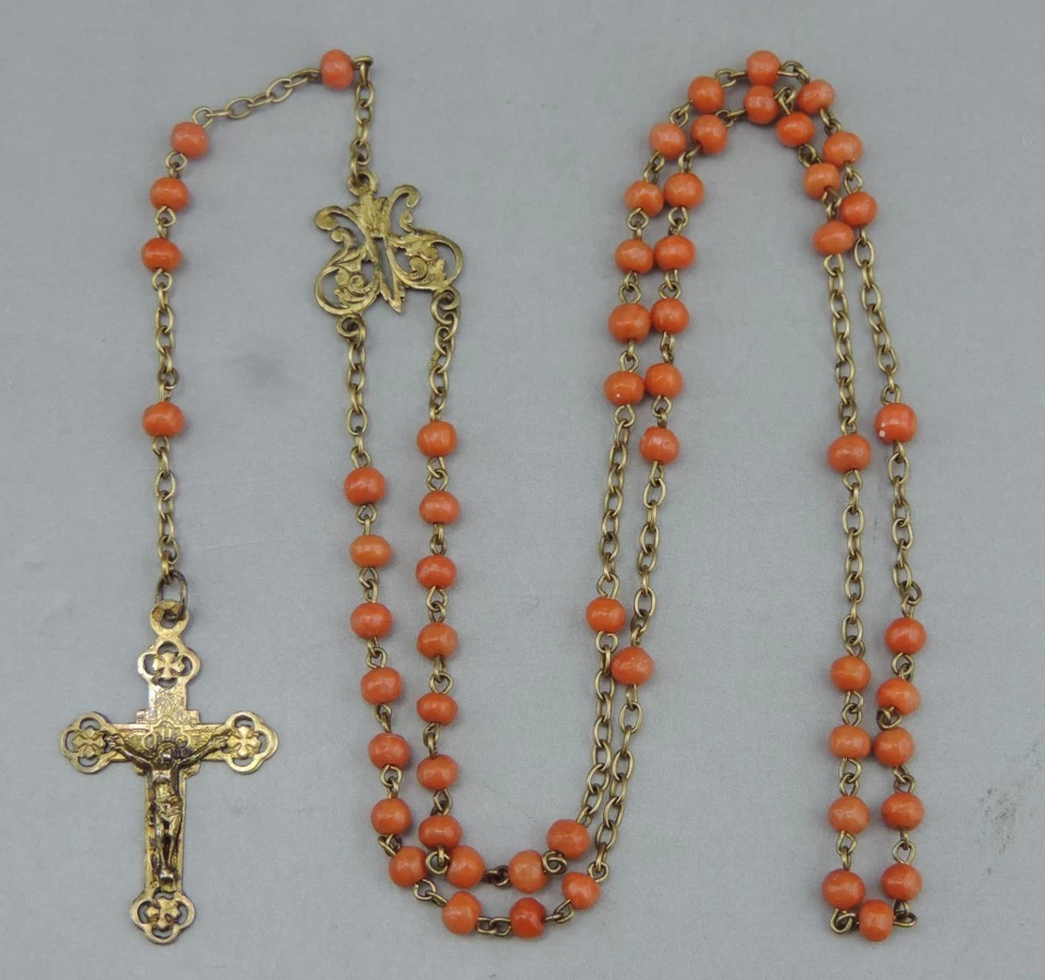 Ancien Chapelet en perles de corail naturelle et argent massif vermeil - Photo 2/4