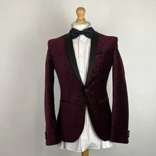 NEXT Velvet Blazer Jacket Men's Size 36R Burgundy Red Floral Tuxedo Skinny Fit