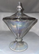 Vintage Iridescent Clear Glass Covered Footed Candy Dish