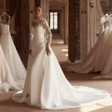 Vintage Mermaid Wedding Dresses High Neck Detachable Train Satin Bridal Gowns