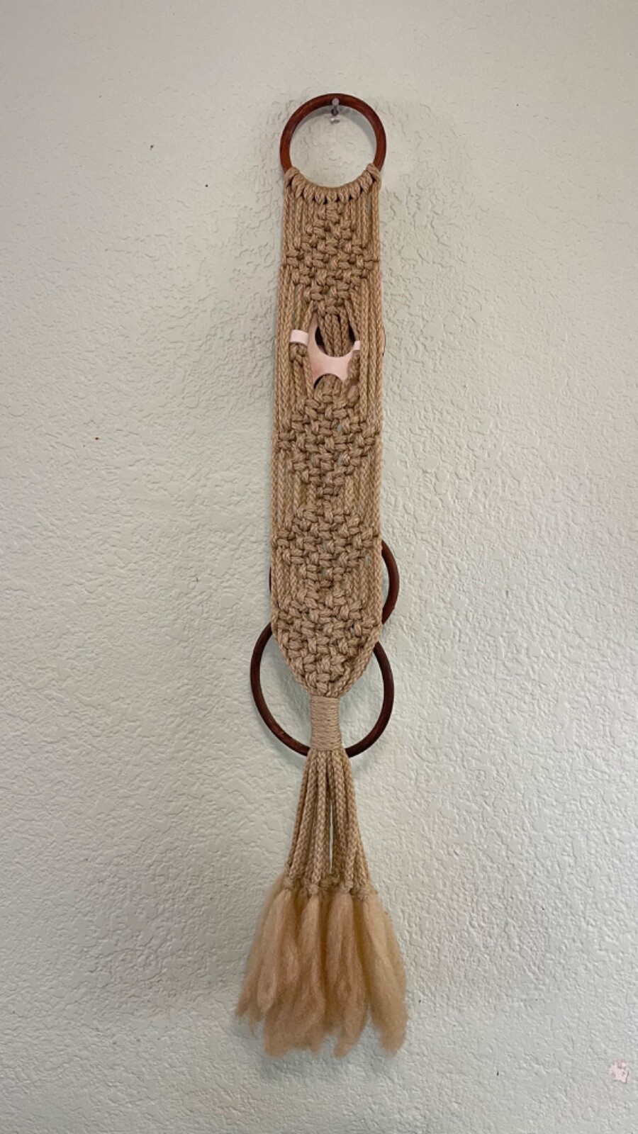 Macrame Kitchen Hanging Towel Holder Ring Mushroom Decor Fringe 26” Vintage MCM
