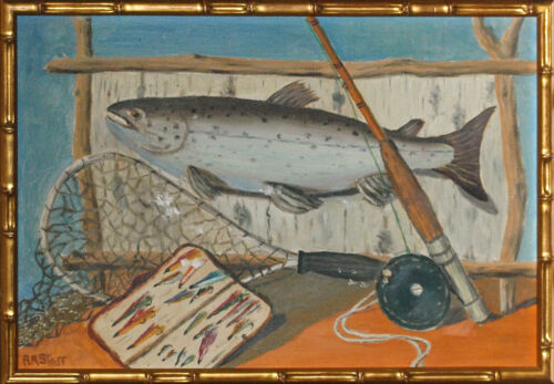 Orvis Display 'Speckled Trout' Still-Life Acrylic on Board w/ Gilt Bamboo Frame"