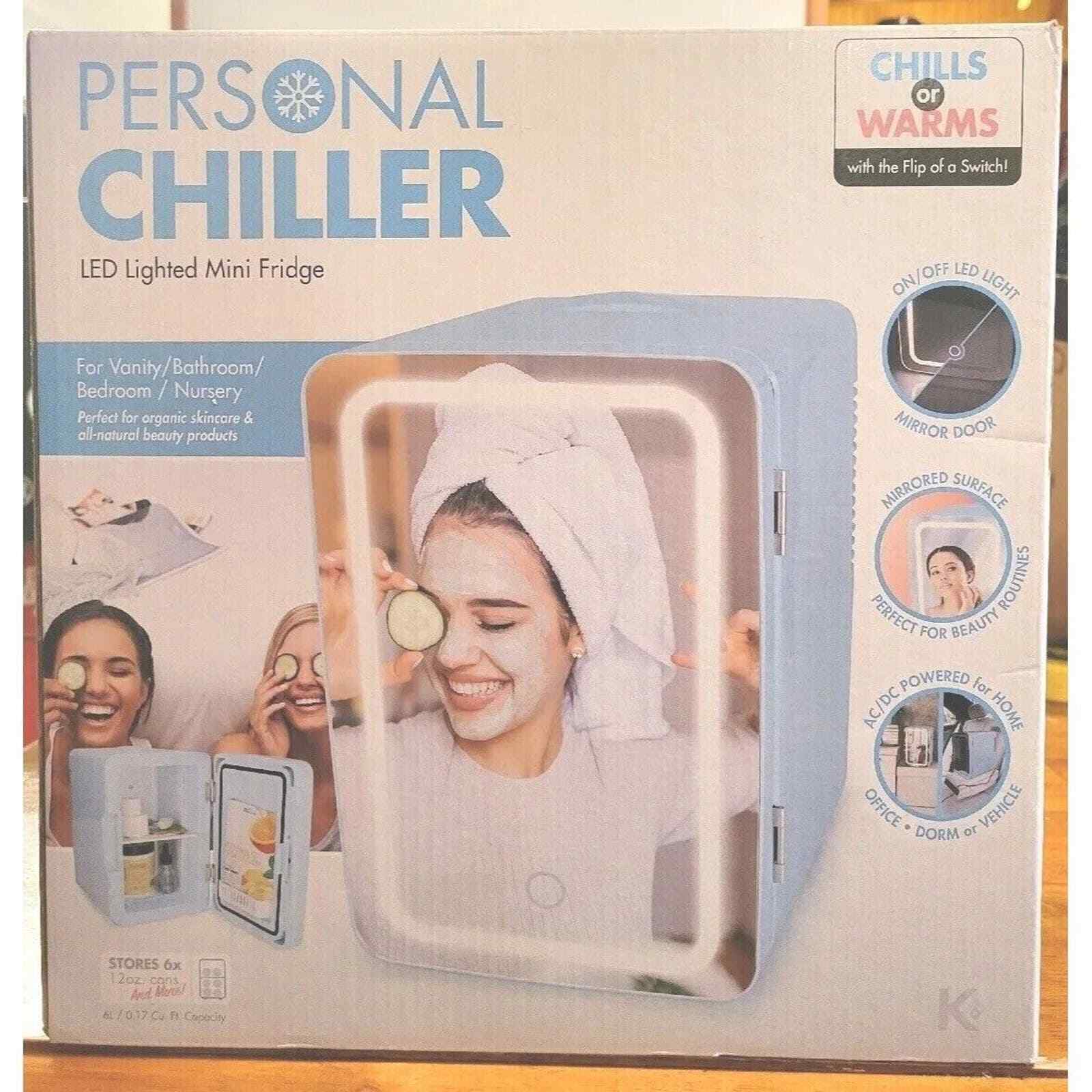 Personal 6 Can Chiller LED Lighted Mini Fridge Mirror Door Blue Snacks