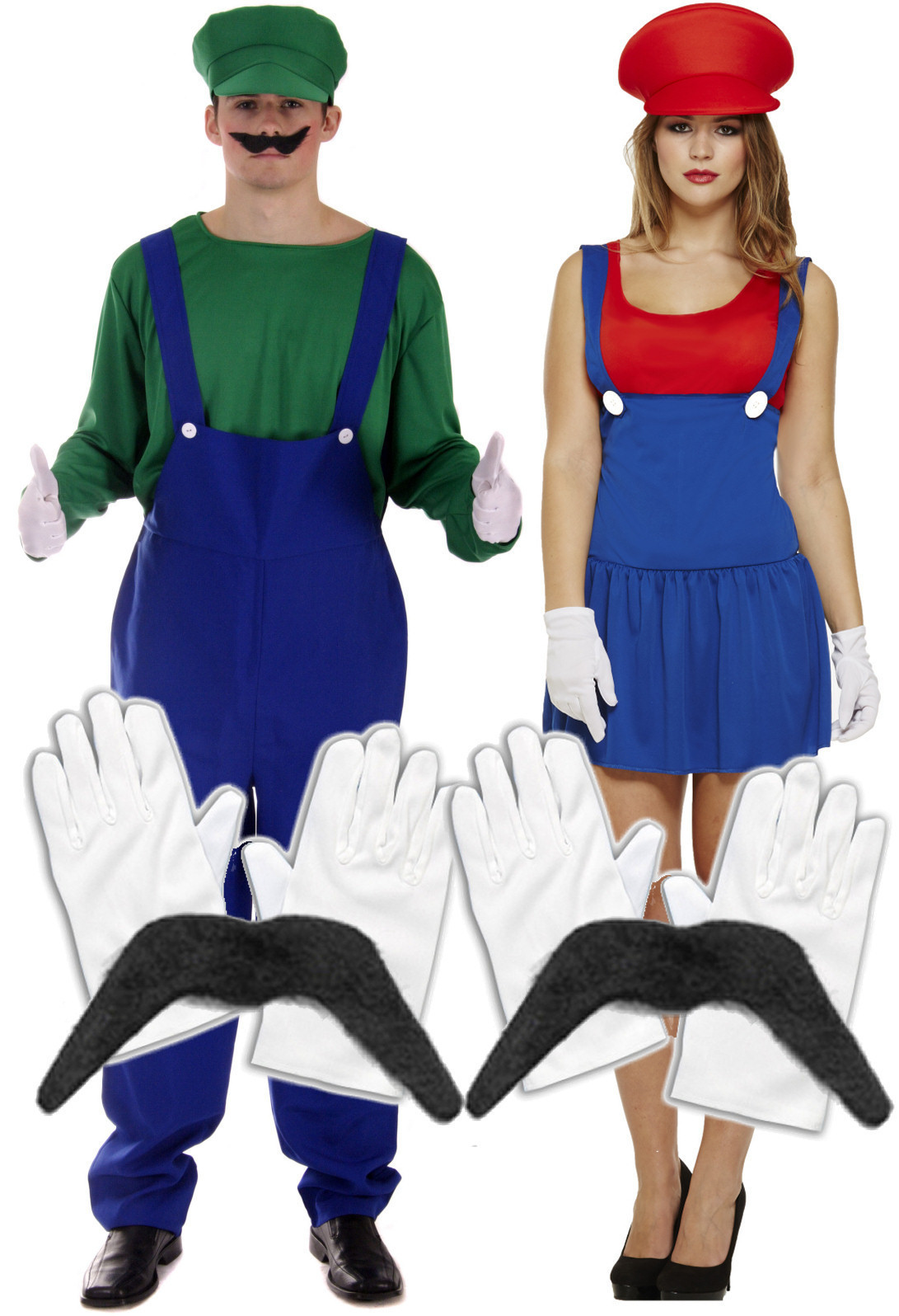 Mens Luigi + Ladies Mario Couples 80s Fancy Dress Costume + Gloves + Moustache