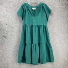 Calvin Klein Tiered A-line Dress 2 Flutter Sleeve Split Neck Green Pocket Boho