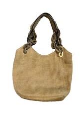 Michael Kors Woven Shoulder Tote with Chain-Link Snakeskin Straps - Tan