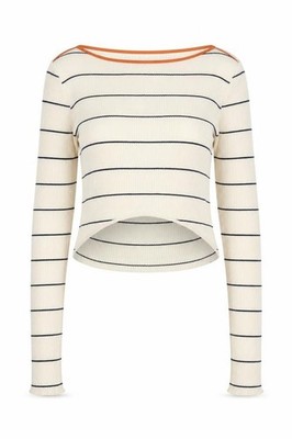 Damen Zara Größe M Basic T-Shirt Elfenbein Gestreift U-Boot Ausschnitt Langarm Freizeit