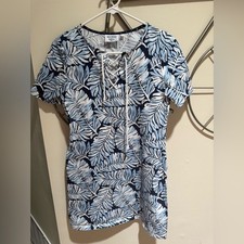 HIHO Navy Blue & Light Blue Leaf Print Lace-Up Dress Size S Tropical Cotton