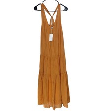Mango Maxi Dress Tiered Crinkle V-Neck Cross Back 6 Orange Boho Summer
