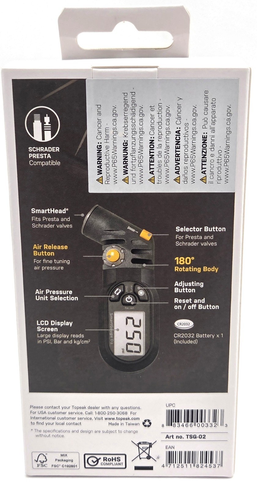 Topeak SmartGauge D2 Digital Bike Tire Air Pressure Gauge Presta/Schrader 250psi