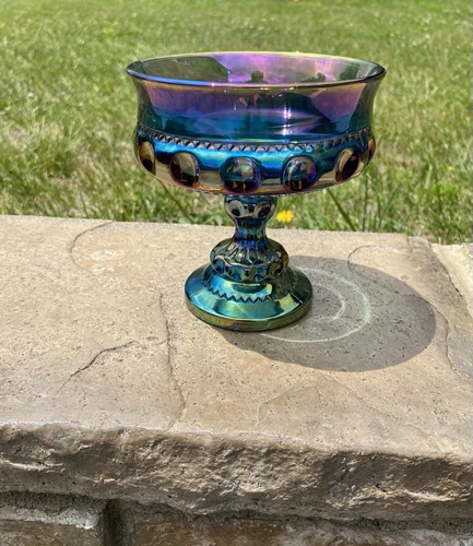 Vintage Indiana Blue Iridescent Carnival Glass Kings Crown Thumbprint Compote
