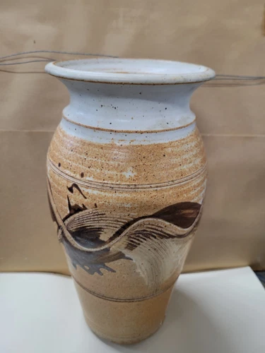 Vintage Hand turned & Glazed Stoneware Studio Art Pottery 11 3/4" Vase Signed
