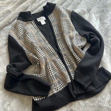 Pendleton Vintage Preppy Wool Cardigan Black Plaid Size Large