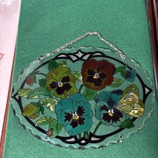 Stained Glass Floral Sun-catcher Oval 9 x 6.5 Pansy Butterfly
