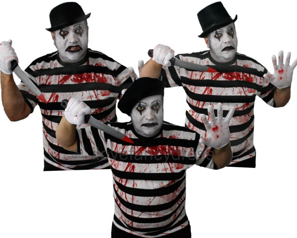 Mega_JumbleSale® 4 pezzi nero e bianco francese Mime Artist - T-shirt, cappello a berretto, guanti, bretelle ~ teatrale circo esecutore carnevale costume, Nero e bianco, XL