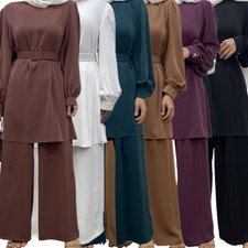 Muslim Women Abaya Long Top Pant 2pcs Set Long Kaftan Islamic Arab Loose Outfits