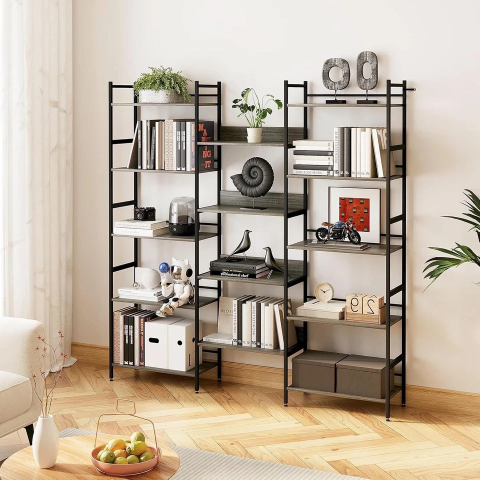 5 Tier Industrial Large Bookshelf Bookcase Standing Triple Wide Display Shelves - Image 3 of 4