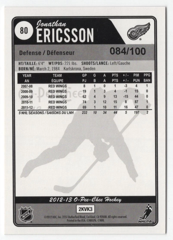 2012-13 O-Pee-Chee Jonathan Ericsson /100 Detroit Red Wings #80 R117 - Image 2 of 2