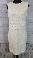 Forest Lily Off White Tweed Sleeveless Fringe Lined Sheath Career Dress Sz Small