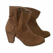 Y2K Rampage Frankey Tan Suede Fringe Ankle Boots Block Heel Women's Size 8M