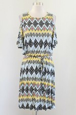 Ann Taylor Loft Multi Color Geometric Cold Shoulder Dress Sz M Boho Blue Yellow