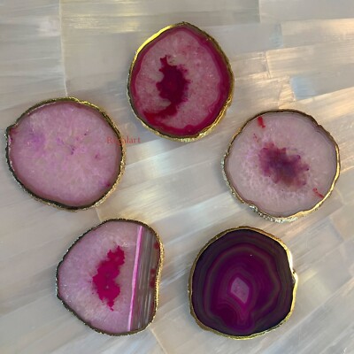 Agate Coaster set, Agate Stone Set of 5, Pink Gold Edges Housewarming