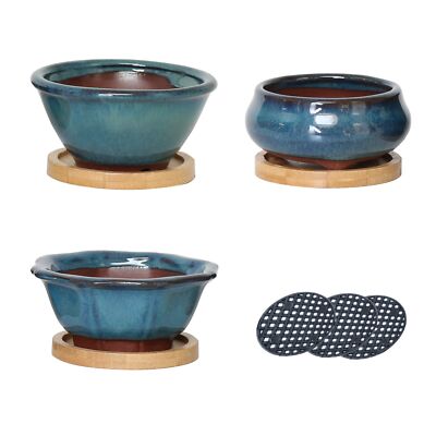 Set blau glasierte Keramik Bonsai Tpfe Pflanzen Schalen Sukkulenten  Untersetzer | eBay.de