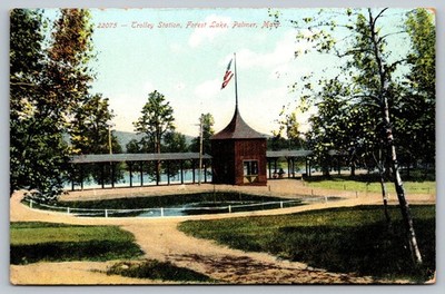 Vintage Trolley Station Forest Lake Palmer Mass Linen Postcard