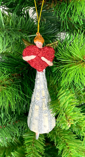 Christbaumschmuck Engel Mit Einem Roten Herz In Silber-Cremefarbenem Kleid 16Cm-image