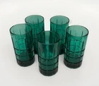 Vintage Anchor Hocking Emerald Green Tartan Plaid Tall 16oz Glass Lot Of 5 Heavy