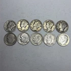 Lot of 10 Circulated 90% Silver Dimes 5 Are Mercury Dimes,5 Are Roosevelt Dimes